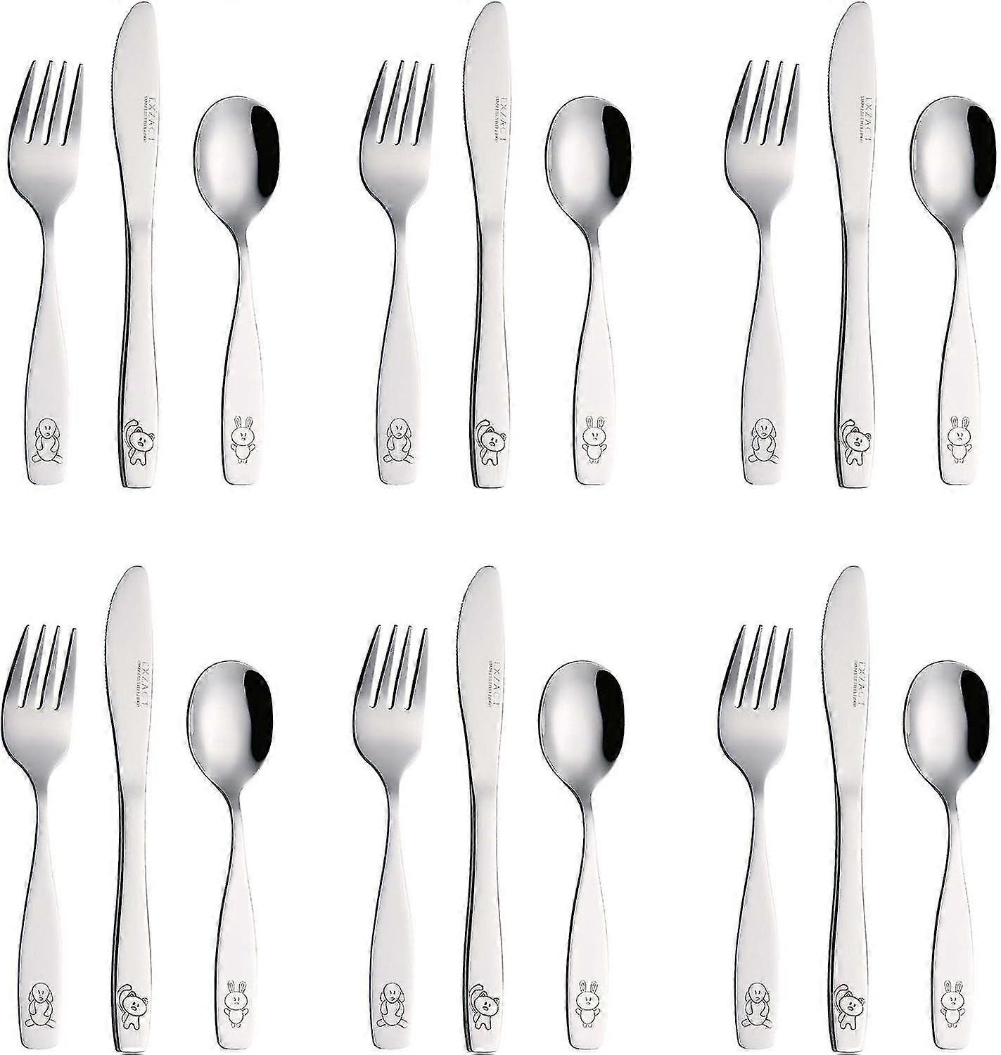 Exzact Childrens Cutlery Set 18Pcs Stainless Steel Kids Cutlery/Toddler Utensils/Flatware - X Forks, X Safe Dinner Knives, X Dinner Spoons - Eng Size 6