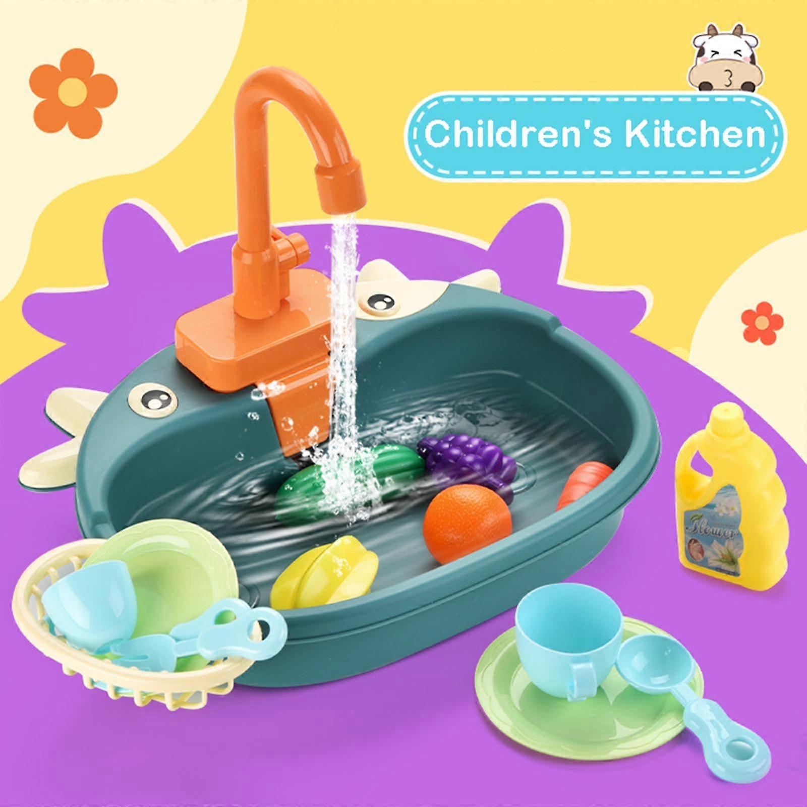 Children's Kitchen Toy Set Kids Simulation Play Sink with Fruit & Tableware Toys Electric Cycle System for Running Water