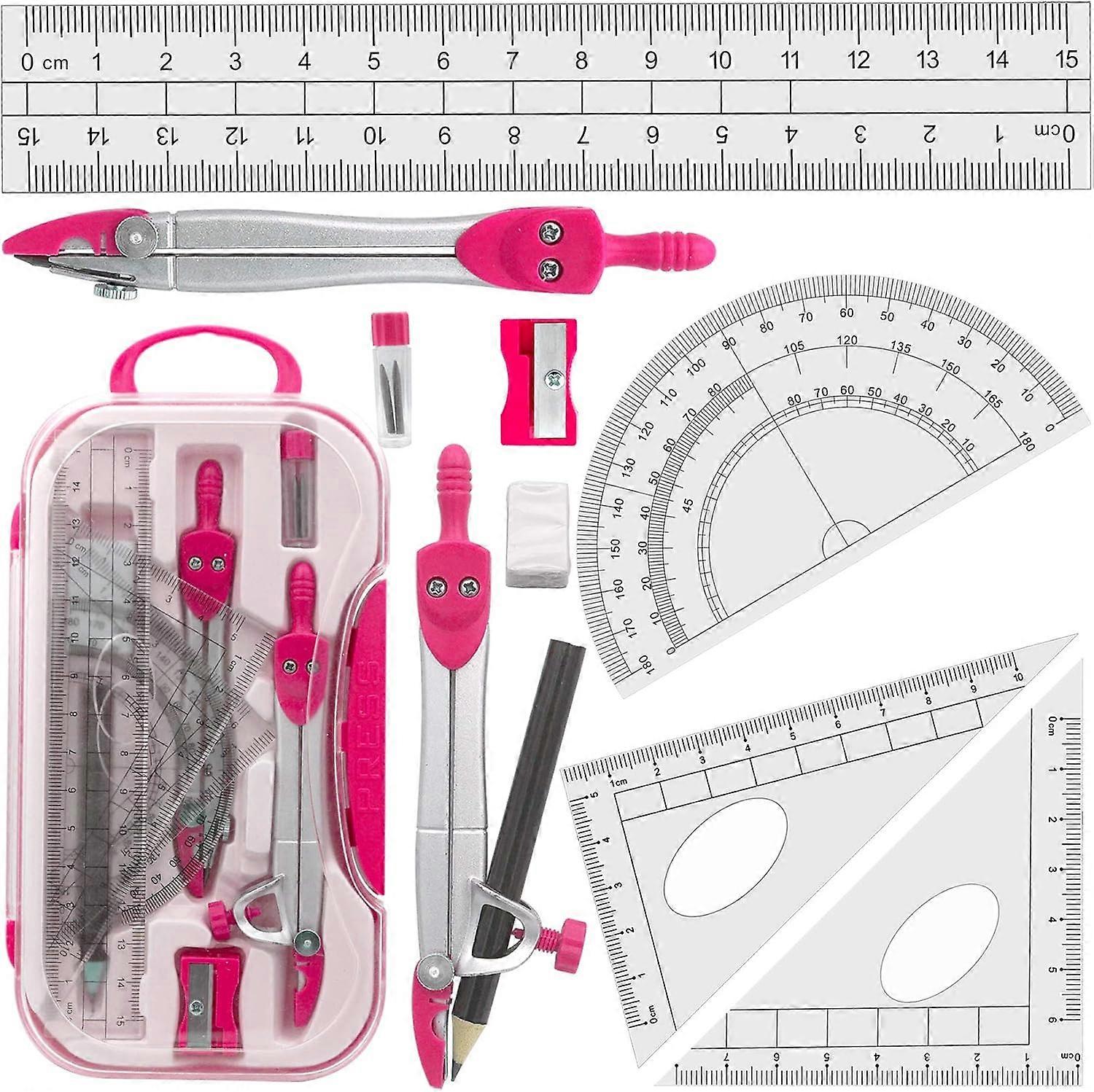 Geometry Sets Drawing Compass, Rulers, Protractor, for Students, Pink