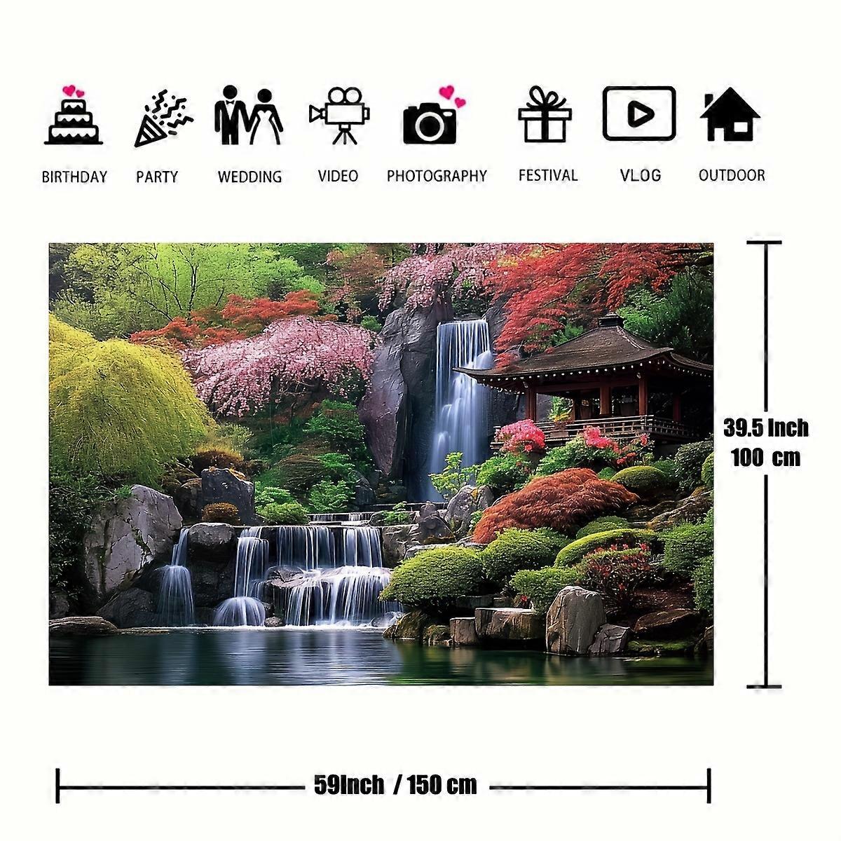 1pc, Retro Japanese Garden Scenery Photography Background with Waterfall, Maple Tree, and Bridge - Perfect for Travel, Portrait, and Studio Props