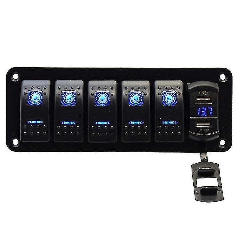 5 Gang Rocker Switch Panel - 5 Pin ON Off Toggle Switch with Blue LED Backlit Wiring Harness for Bo