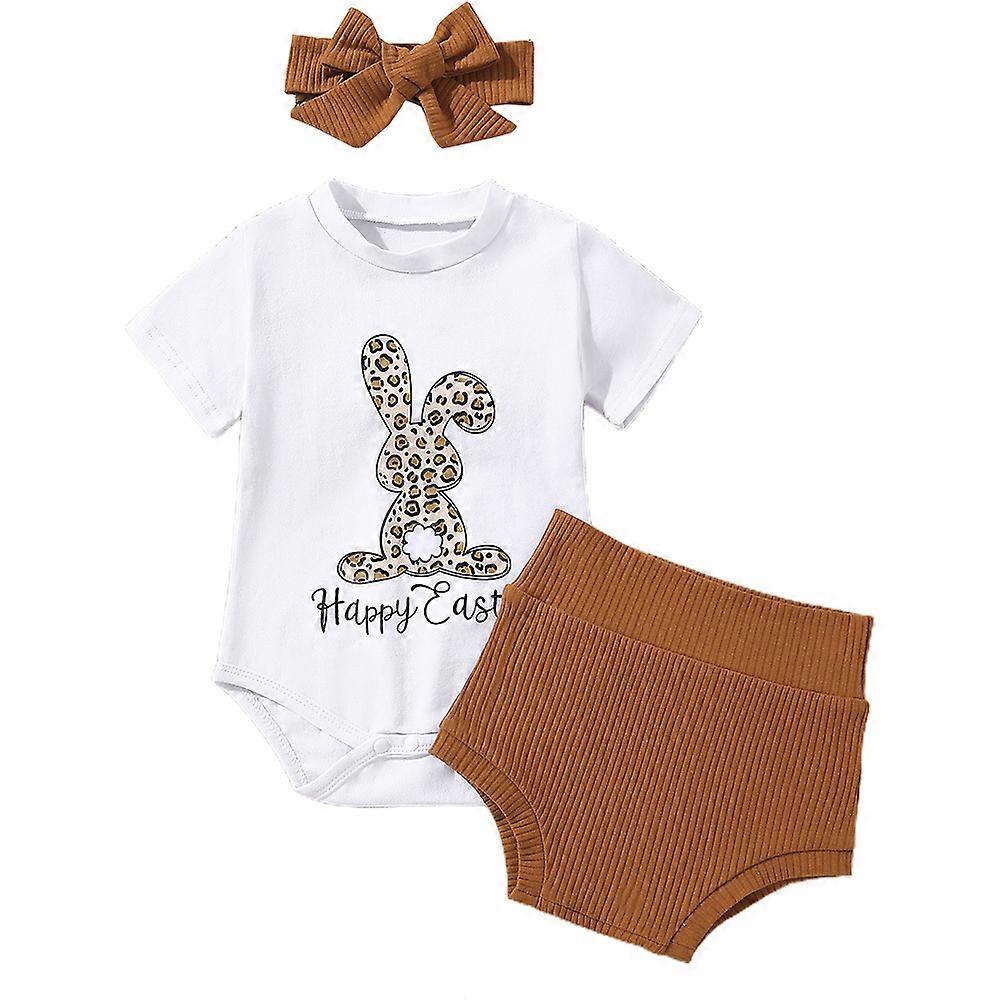 Infant Baby Easter Party Outfits Short Sleeve Romper Ribbed Pants Headband Set