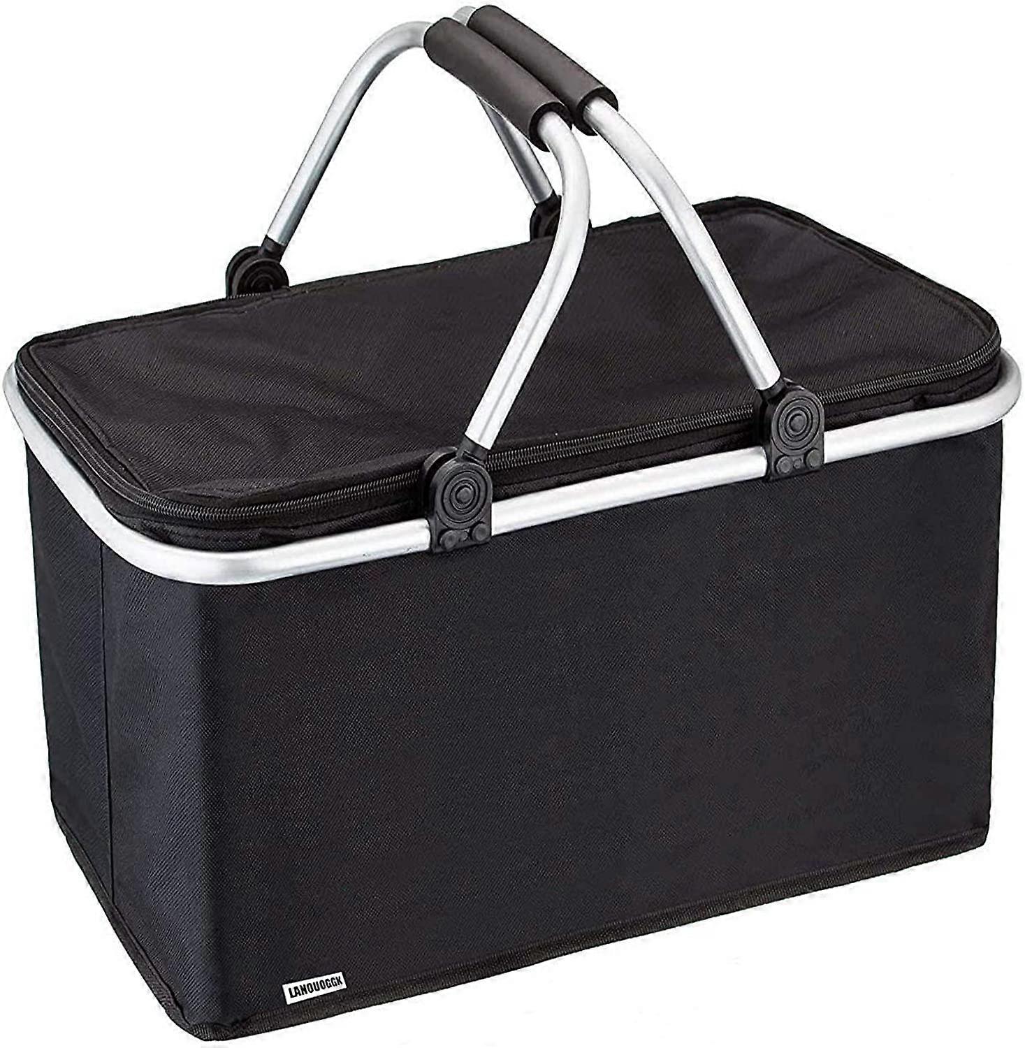 Picknickkorb - Outdoor - Faltbar - Wasserdicht - Picknick-Eissack isoliert - Starker Aluminiumrahmen (Schwarz)