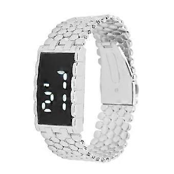 LED Watch Double Open Stainless Steel Buckle Metal Strap Rectangular Dial Digital Wristwatch for Outdoor Activities Silver