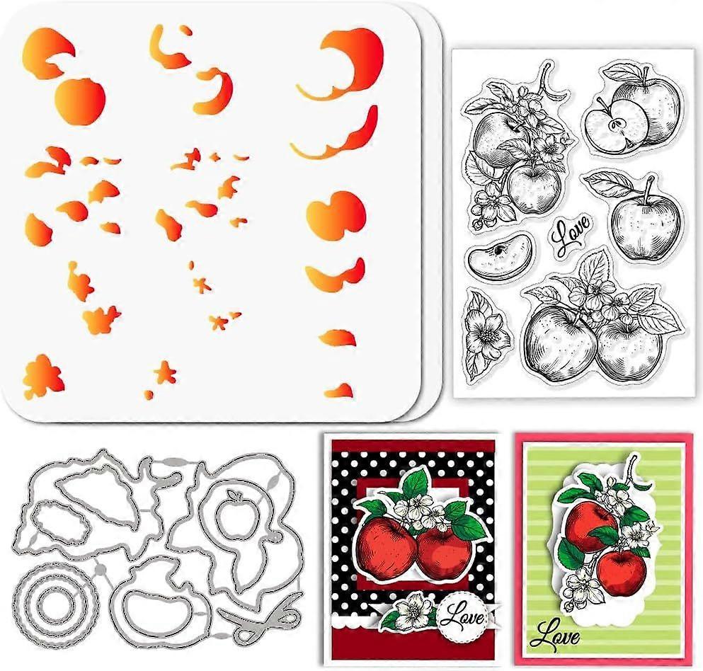 Apple Flower Clear Stamp Fruit Cutting Die PET Paint Craft Template Stencils Set for Card Making and DIY Embossing Scrapbooking Craft Decor