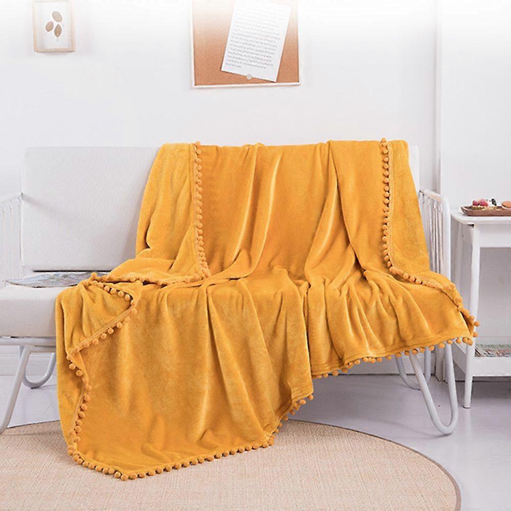Flannel blanket with pompom fringes, light, cosy duvet, soft throw blanket, for couch, sofa, suitable for all seasons, mustard yellow, approx. 130 x 1