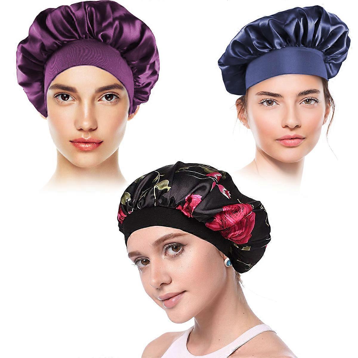 Solid Color and Large Flower Hair Protective Cap - with Elastic Band - 3 Pack