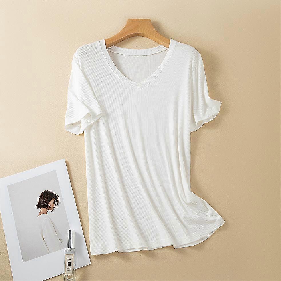 Rib Cotton V Neck T-shirt Short Sleeves Summer Women's Casual T-shirts Loose Tee Tops Solid color Basic TShirt Tees