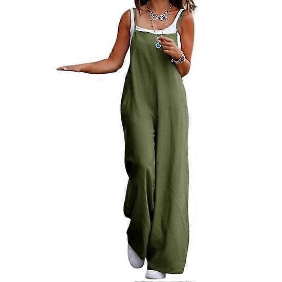 Women Summer Jumpsuit Backless Sleeveless Spaghetti Strap Wide Leg Loose Deep Crotch Pockets Full Length Lady Long Jumpsuit