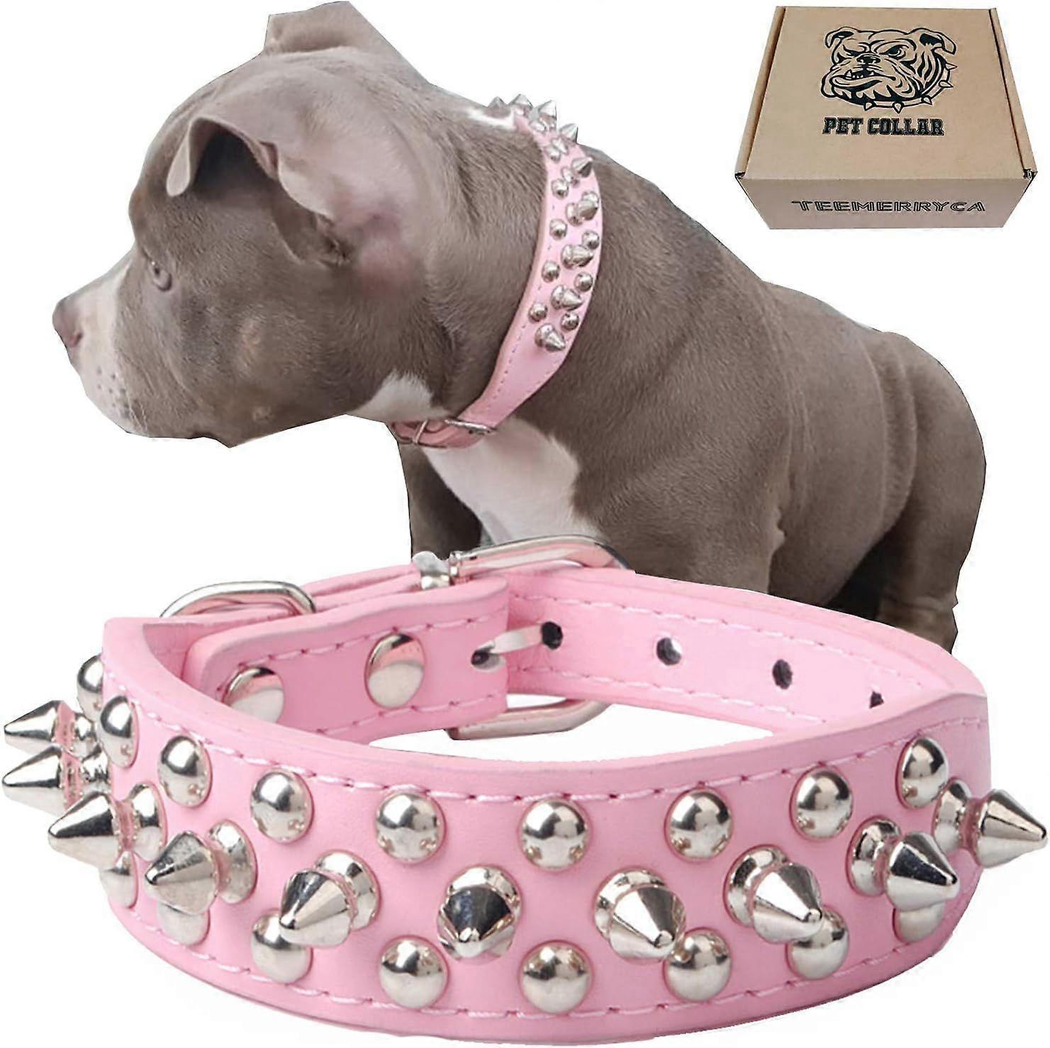 WJSMAdjustable Leather Spiked Studded Dog Collars with a Squeak Ball Gift for Small Medium Large Pets Like Cats/Pit Bull/Bulldog/Pugs/Husky, Pink, L(1