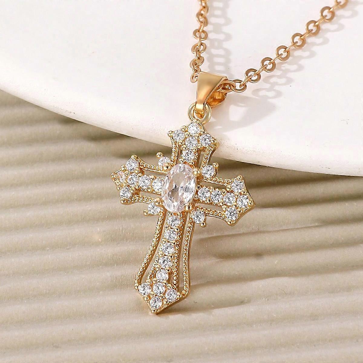1pc Simple Micro-inlaid Cubic Zirconia Cross Pendant Necklace For Men And Women, Daily Wear