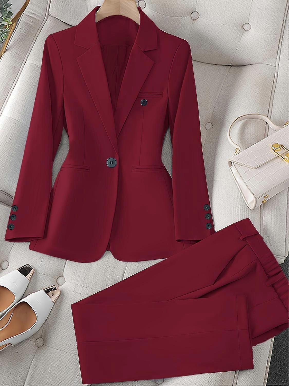 Femmes S Casual Deux Pièces Ensemble À La Mode Style D’affaires Couleur Unie Polyester À Manches Longues Avec Revers