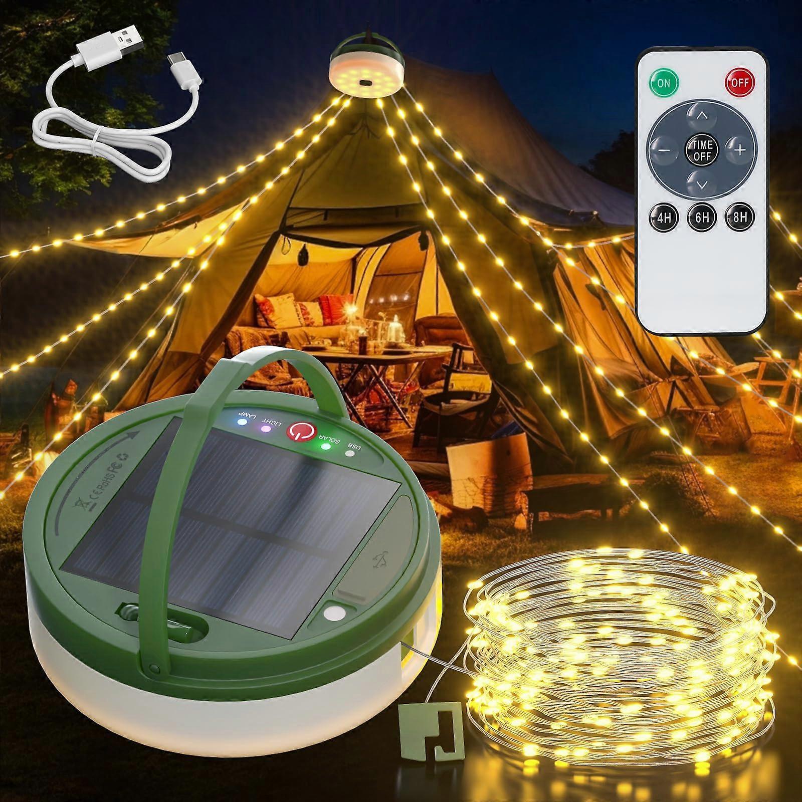 Solar Powered USB Rechargeable Camping String Lights for Hiking, Outdoor Use, Waterproof, 10 Meter Length, Warm White