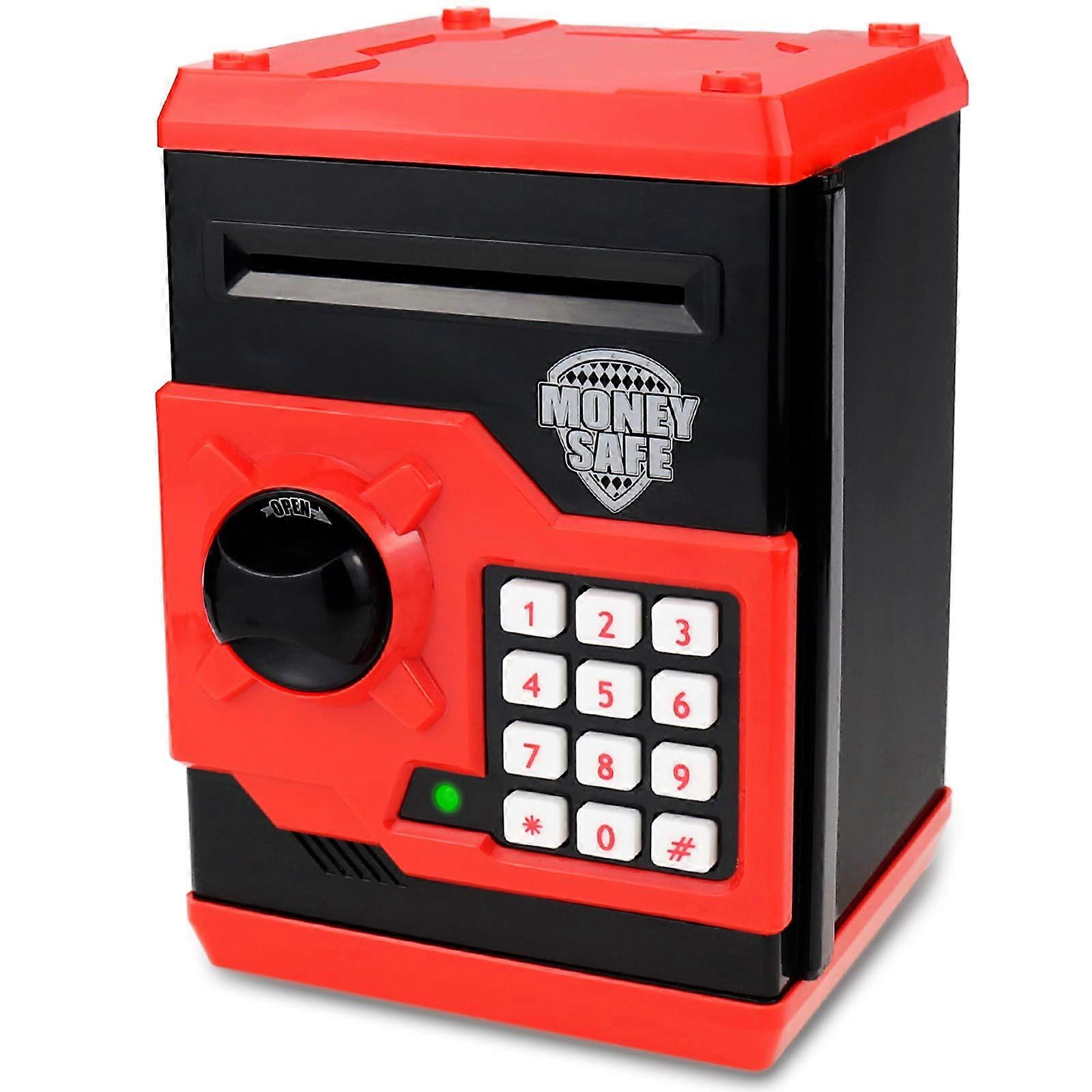 Kids Money Bank Electronic Piggy Bank for Saving Coins and Paper Money, Auto Scroll Password Secure Design, Black Red Color
