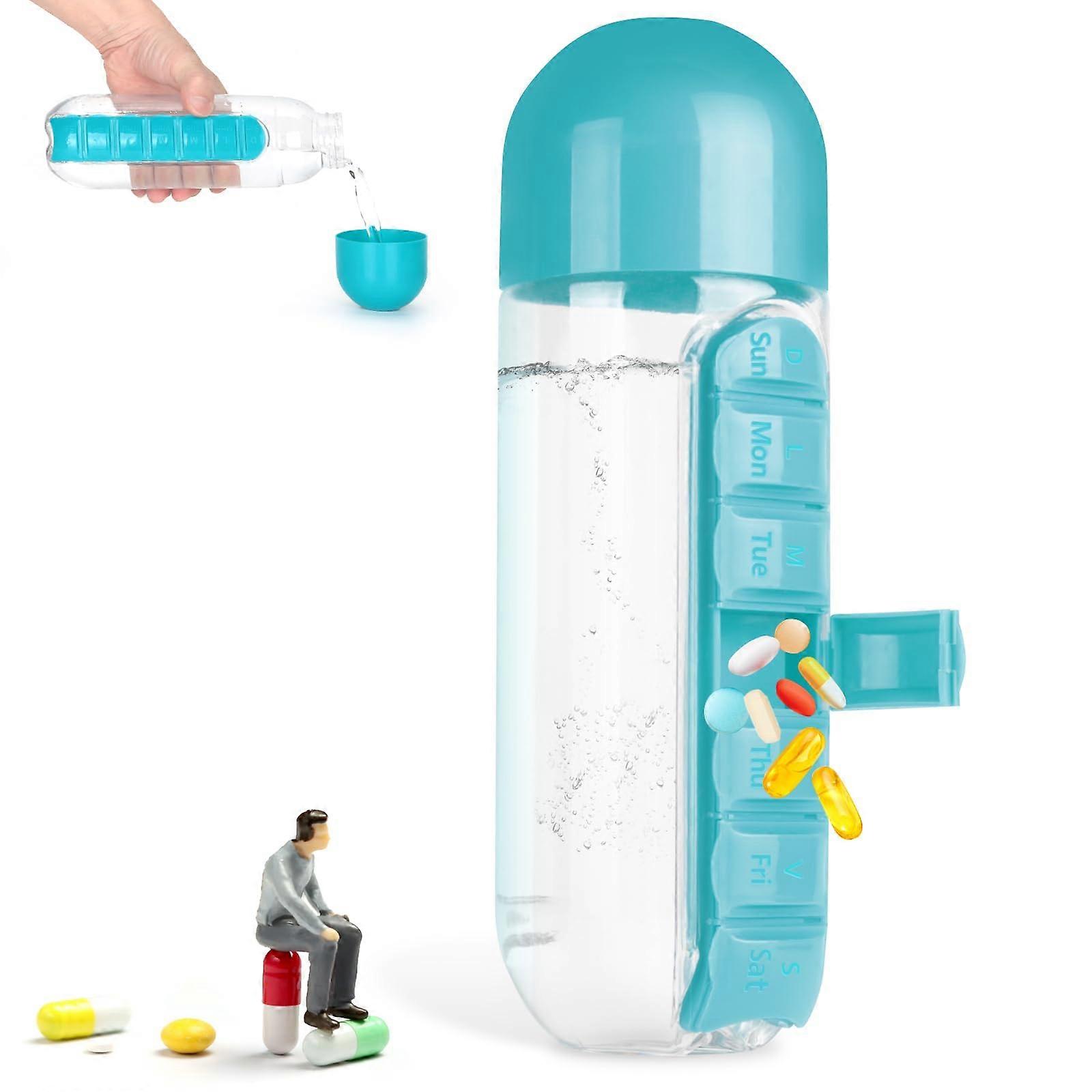 Pill Box Water Cup,2 in 1 Water Bottle pill Box Storage Box,20 oz Daily Sports Water Bottle with Pill Box Organizer 7 Days Capsule Organizer