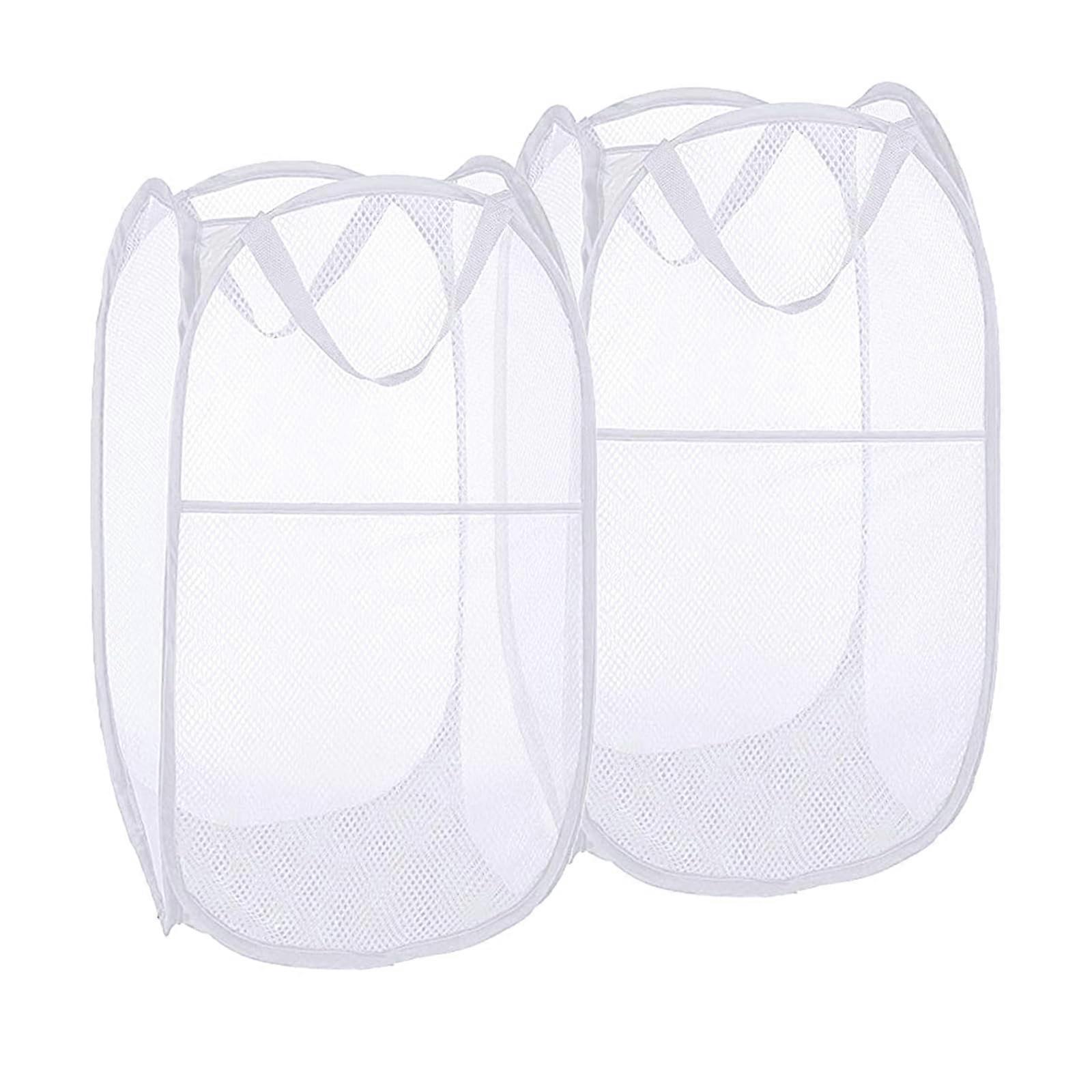 Pop Up Laundry Hampers Pack Of 2, Collapsible Mesh Baskets, Foldable Clothes Hampers, White, For Bath And College Dorm