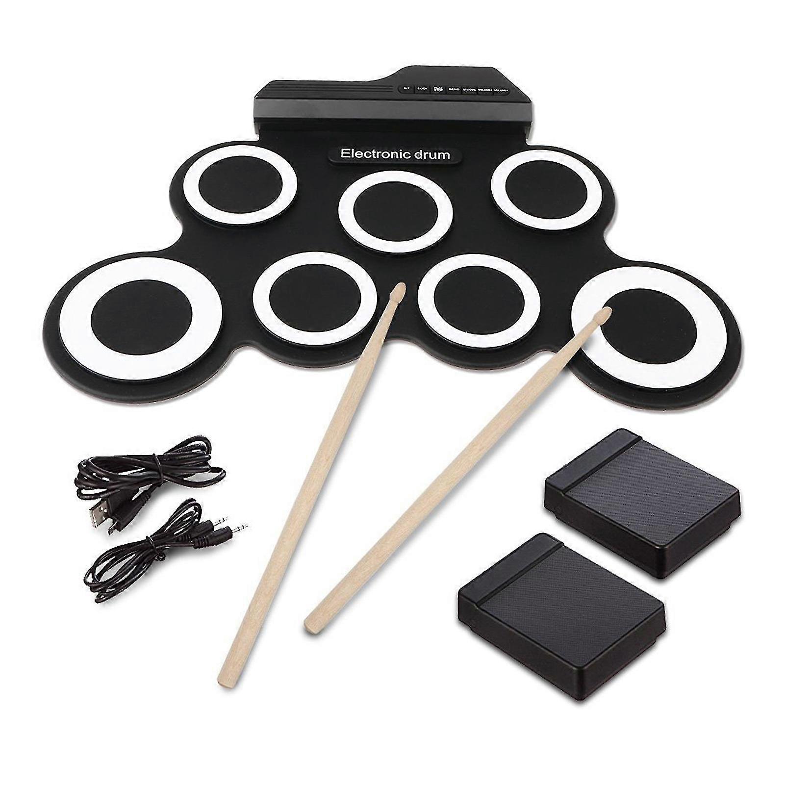 Electronic 7 Silicone Pads Drum Set USB Roll-Up Digital Foldable Electric Portable Practice With Pedal Drums for Kids Beginners
