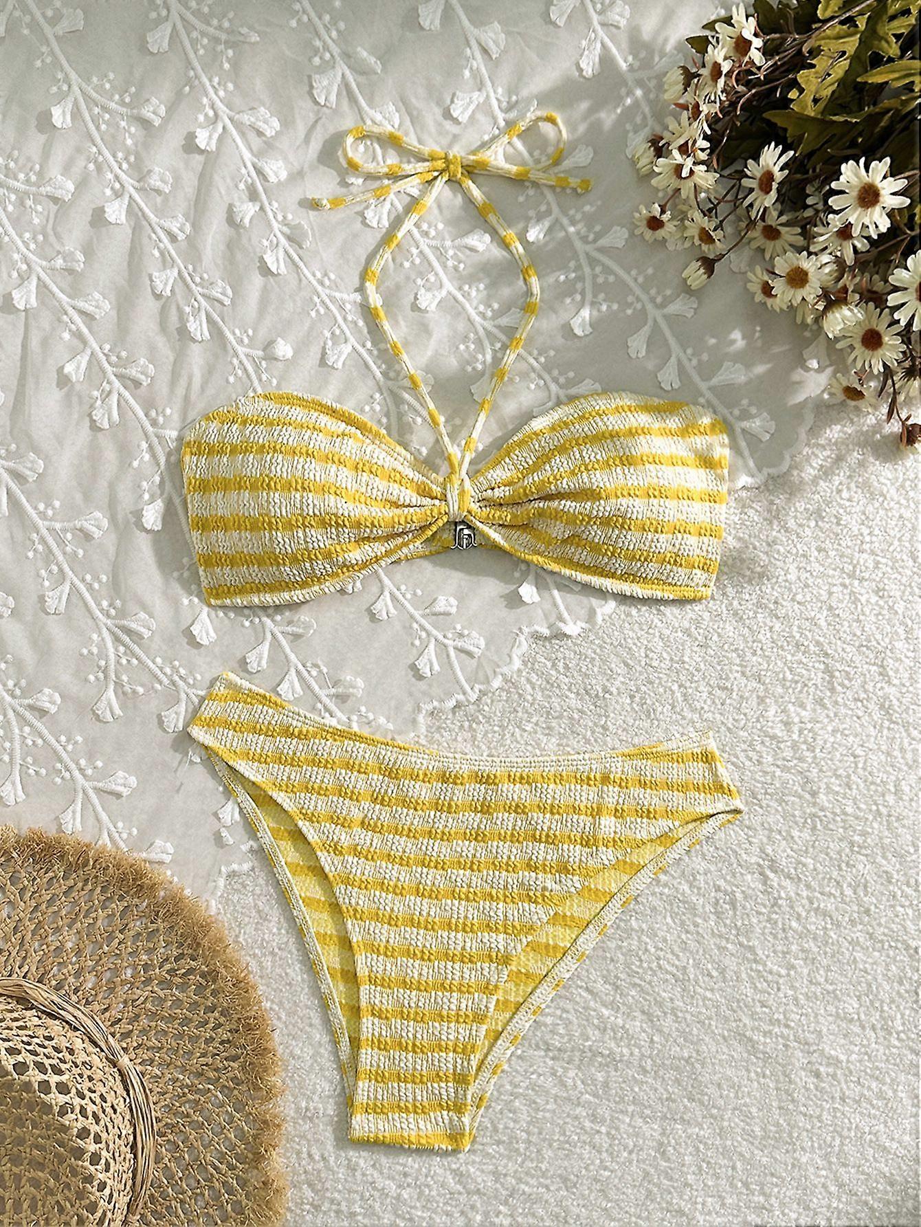 Crinkle texture halter swimwear Yellow Striped Bandeau Bikini Set | Men's Summer Shorts