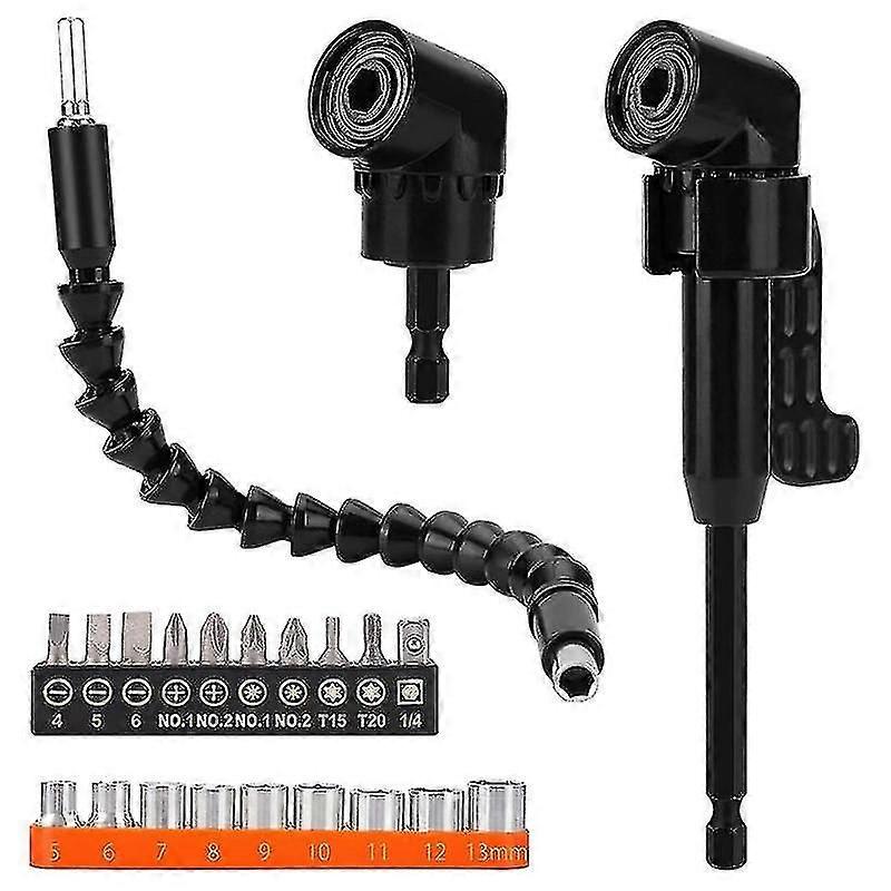 Right Angle Drill, 5 Pack Angle Extension Power Bit Attachment With 1/4 Inch Hex Impact , Black