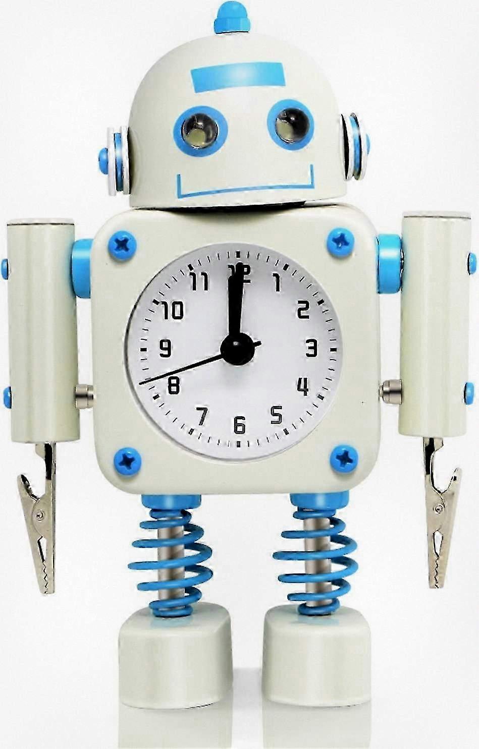 Stainless Metal Non-Ticking Robot Wake-Up Clock with Flashing Eye Lights and Hand Clip, Suitable for Various Brands (White)