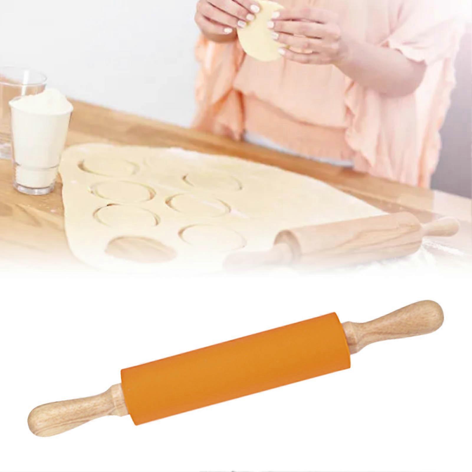 Extended Silicone Rolling Pin Solid Wooden Handle Non Stick Surface Rolling Pin Baking Tools Orange 