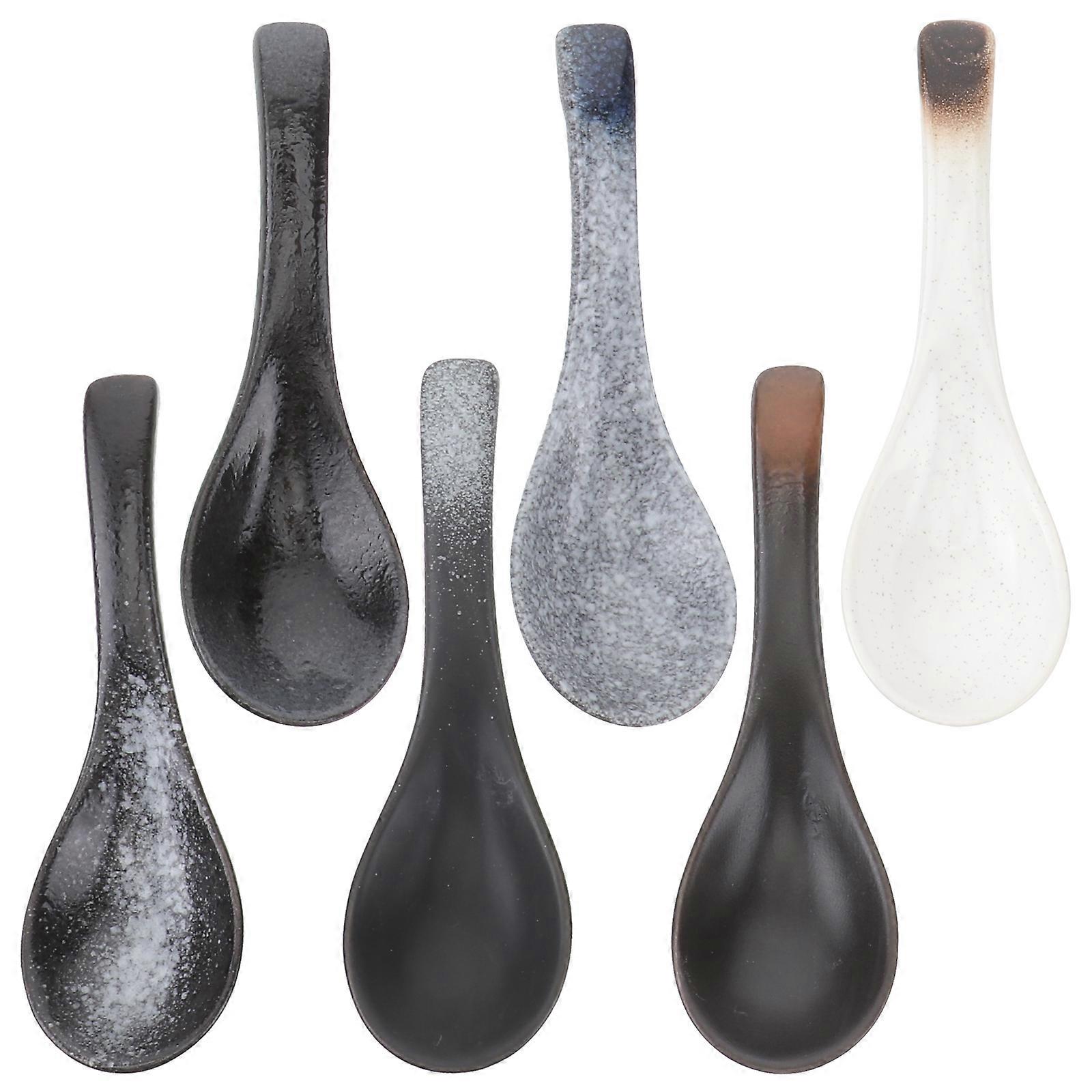 6pcs Assorted Color Ceramic Soup Spoon Set Classic Japanese Style Home Kitchen Tableware