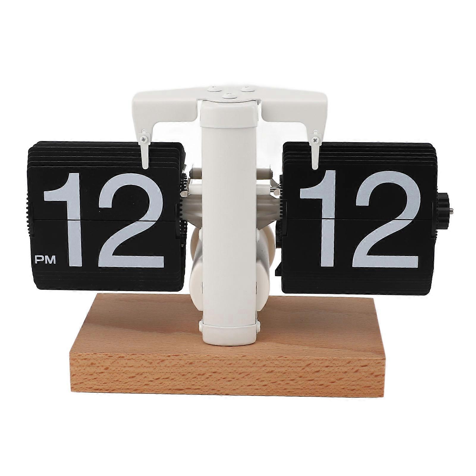 Mechanical Desk Clock Auto Flip 12H Wooden Base Battery Powered Retro Vintage Digital Table Clock for Home Office Black Page