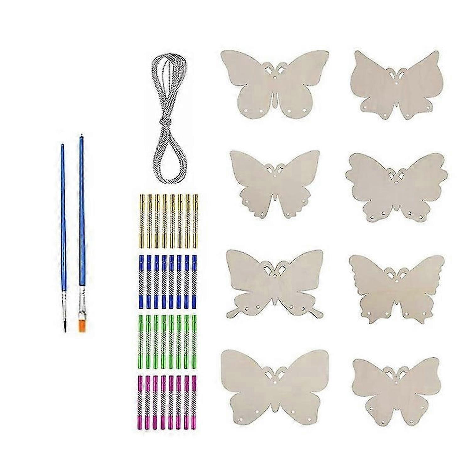 Wind Chime Craft Set, 8 Sets DIY Wooden Butterfly Wind Chime Children Kit with Painting Brushes, DIY