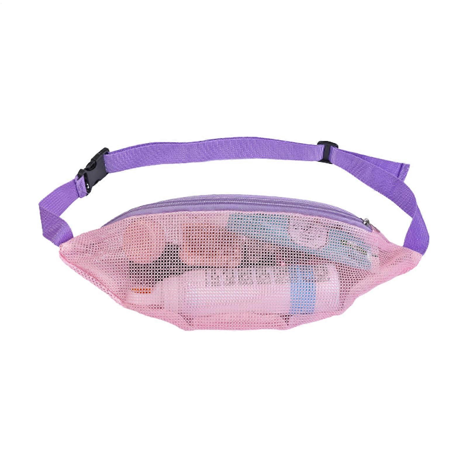 Mesh beach bag with adjustable shoulder strap, pink purple ribbon