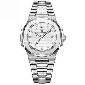 Poedagar Man Mode Armbandsur Rostfritt stål Kvarts Män Watch Vattentät Luminous Square Herrklockor Silver Vit