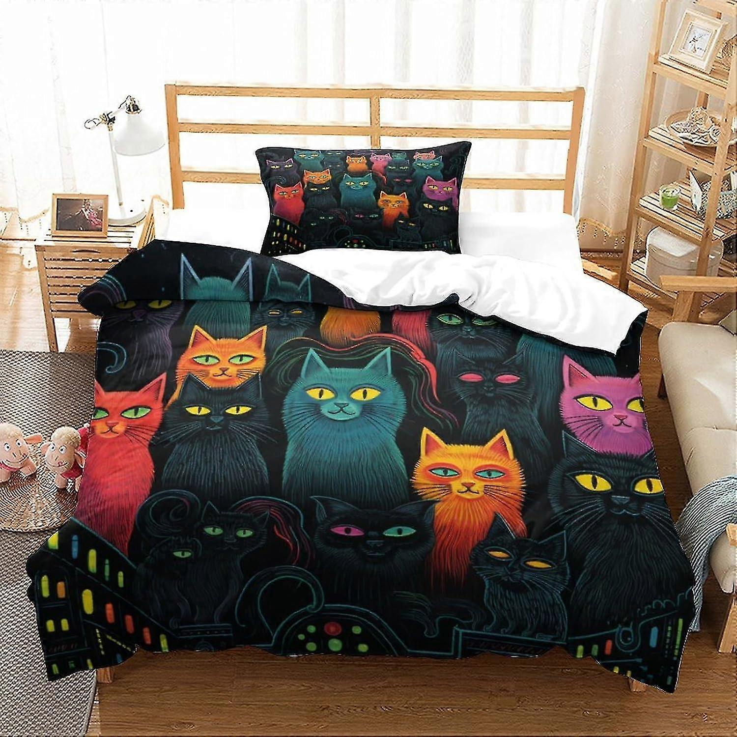 Vibrant Cat 3D-printade sängkläder, påslakanset för pojkar, självlysande kattrumsinredning för tonåringar