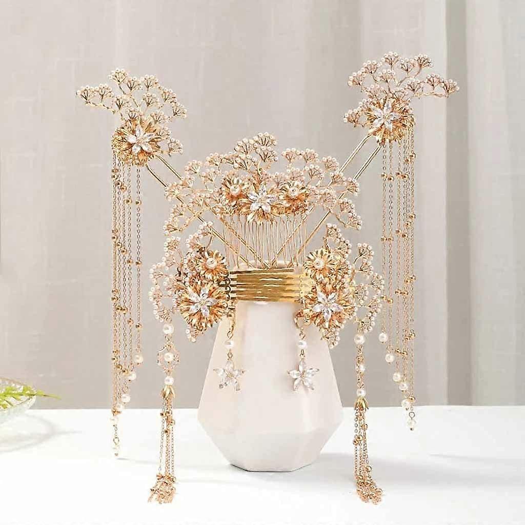 Vintage Gold Color Flower Pearl Hairpins Sticks Hair Combs Pendant Earrings Jewelry Sets Chinese Hair Accessories