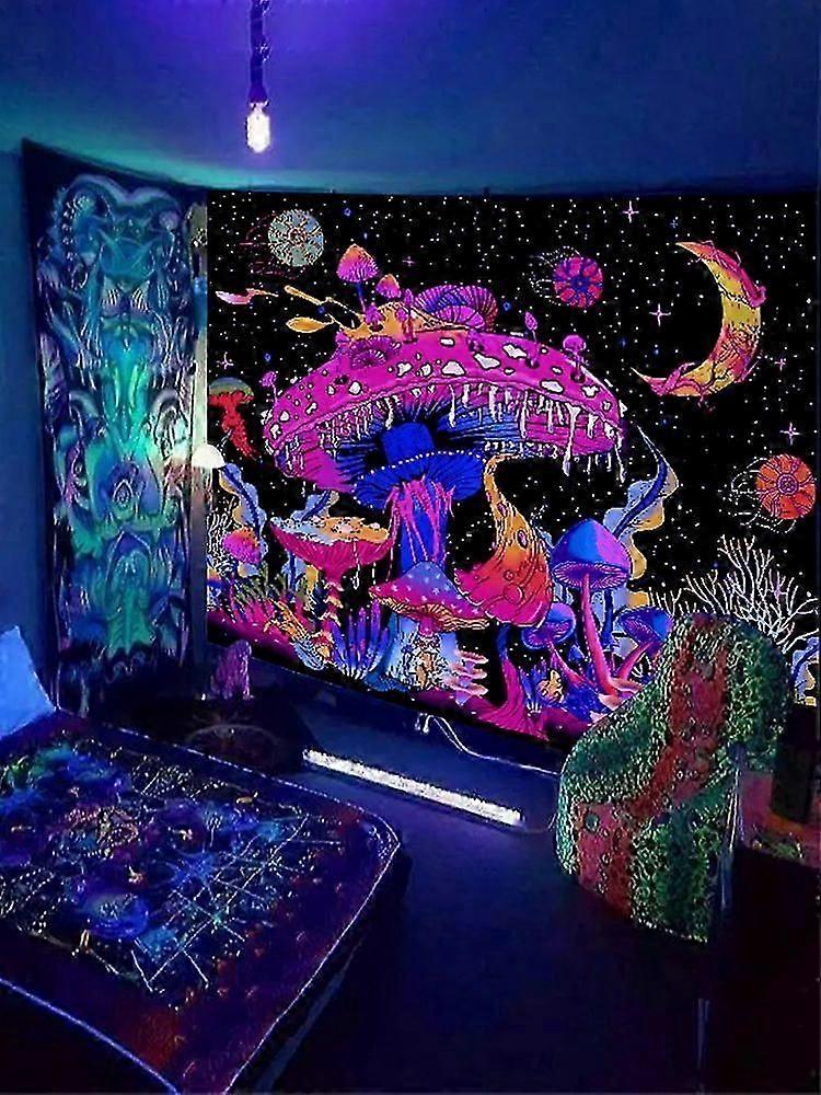 Magical Fluorescent Mushroom Tapestry Colored Night Forest Moon Tapestry With Classic Style And Plant Pattern 100% Polyester