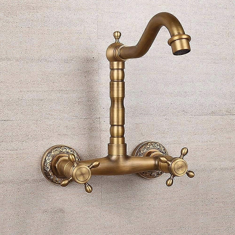 Flush Mounted Basin Faucet Double Hole 4 Point Hot and Cold European Style Antique Mixer Valve 180° Rotate Tall A Gris