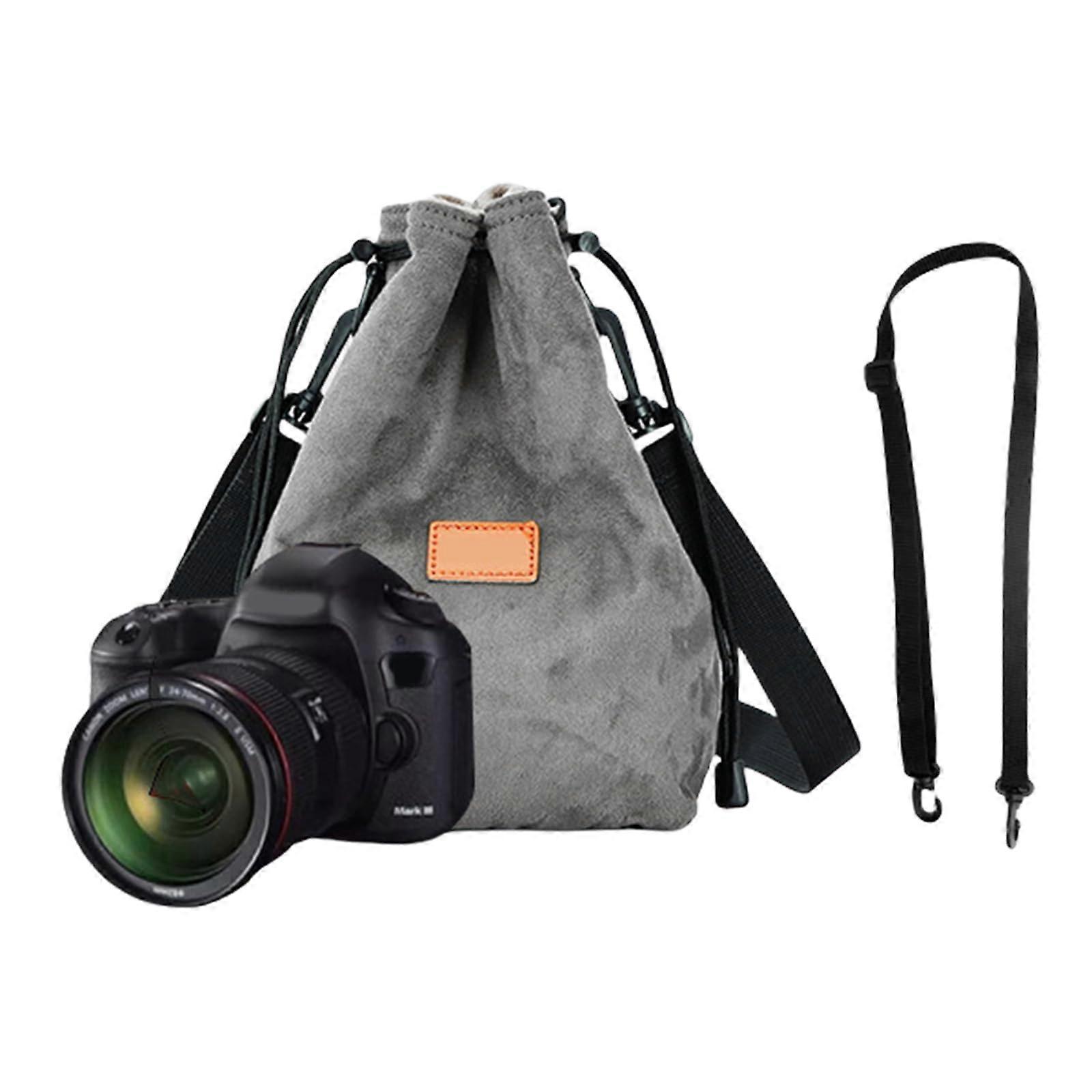 Camera bag with drawstring, vintage, DSLR camera bag, soft lens pouch with shoulder strap for on the go, grayM, 5.46x5.46in