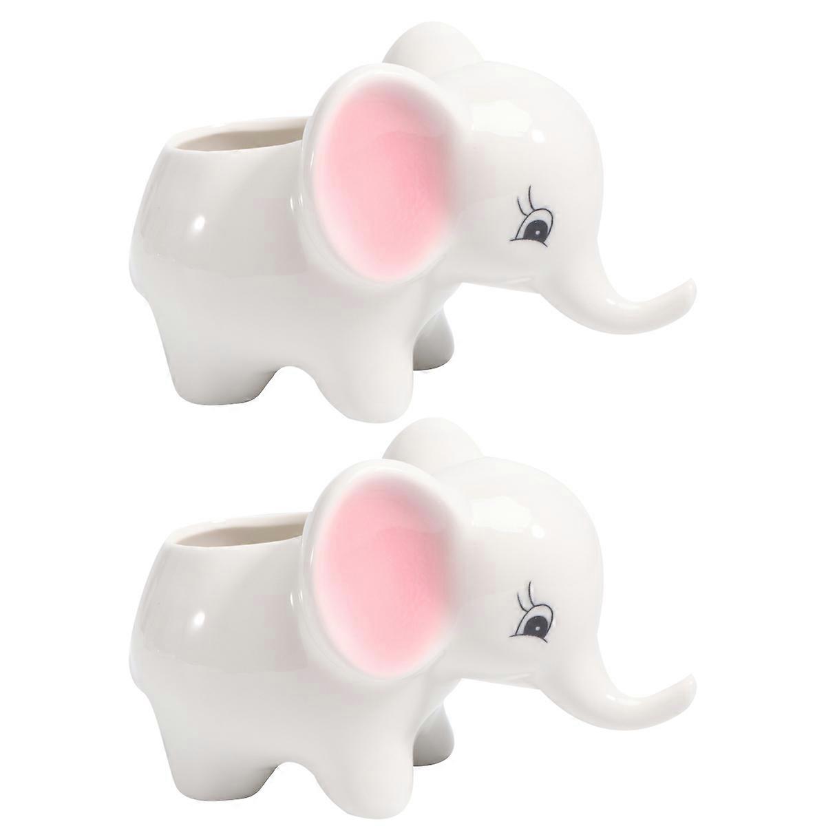 Adorable Elephant Shaped Ceramic Flower Pot for Succulents and Desk Decor 2 Pcs White Small Size L