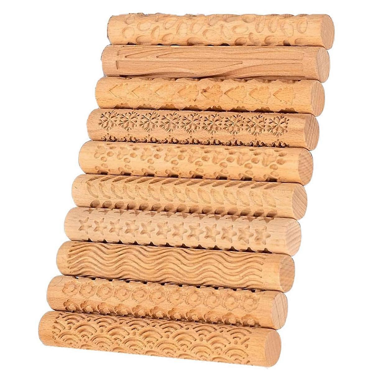 10 Pcs Wooden Clay Texture Roller Set for Pottery and Ceramics