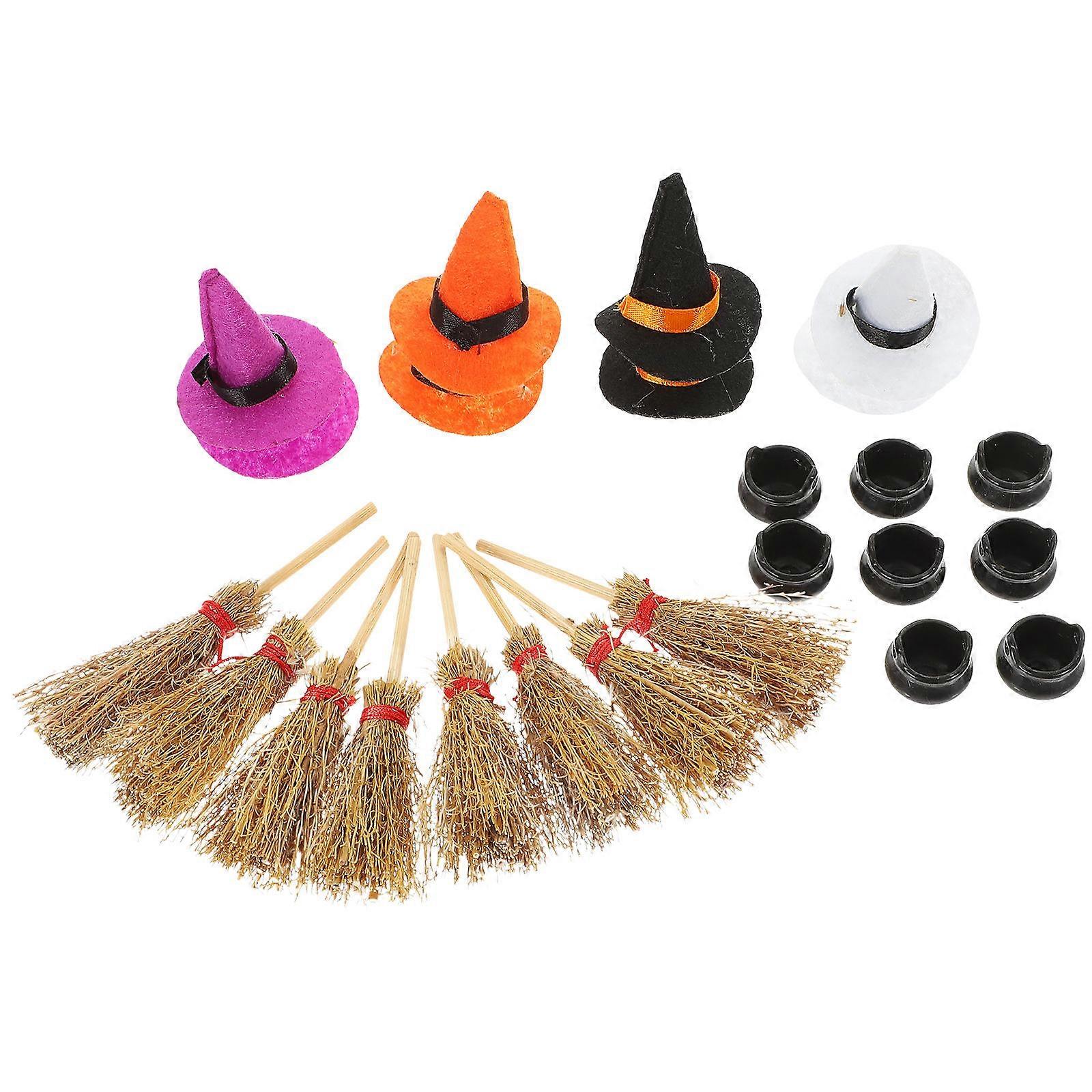 Miniature Witch Hat and Small Broom Sets for Halloween 3Sets