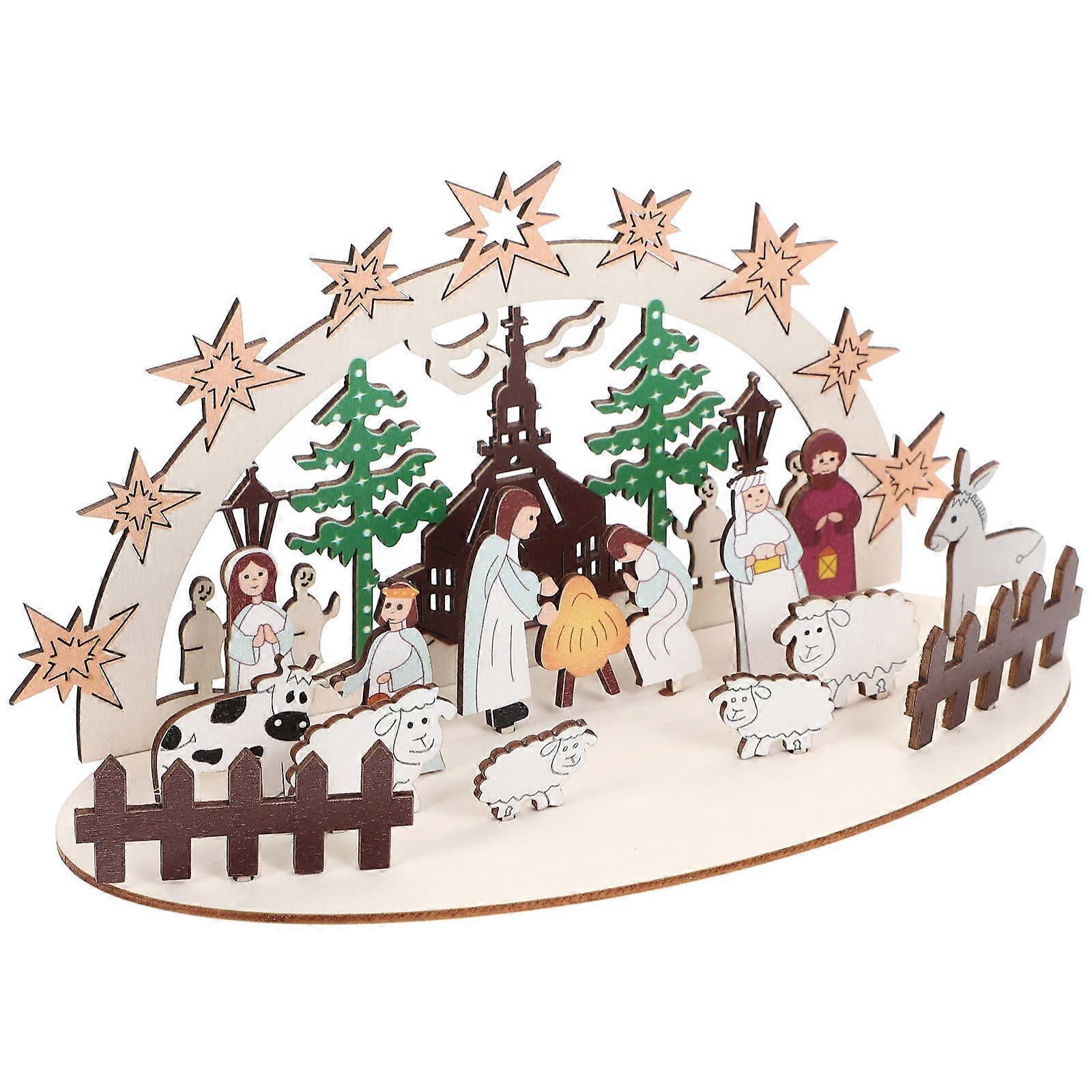 Diy Assembly Prop Jesus Scene Layout Puzzle Model Christmas Festive Atmosphere Wood Multi Color Christmas Gift 1 Set