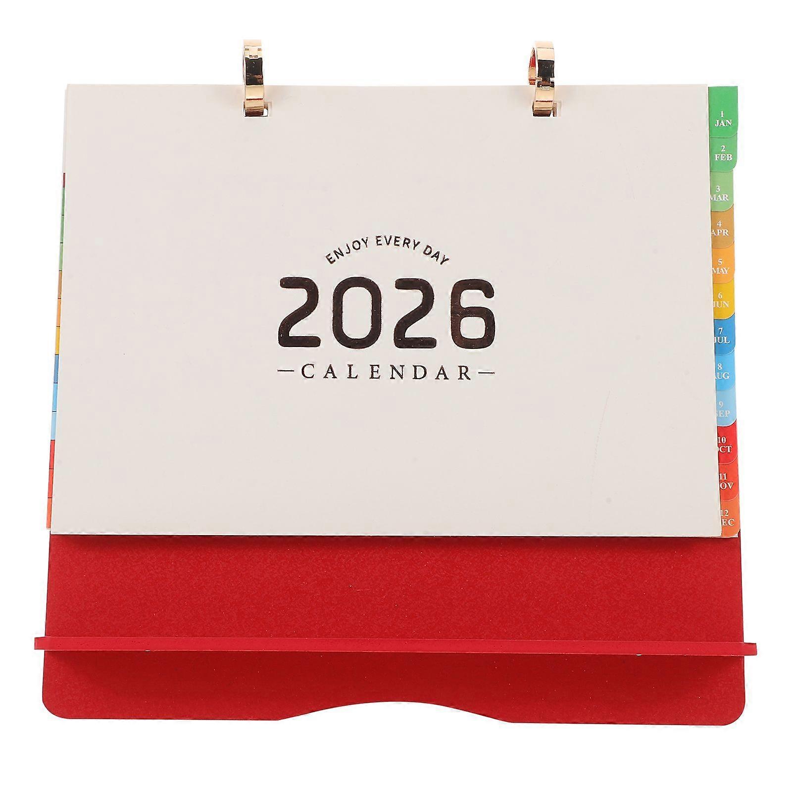 2026 Desk Calendar: Standing Flip Calendar - Desktop Monthly Planner - Wood Schedule Yearly Planner Colorful Tabs Red