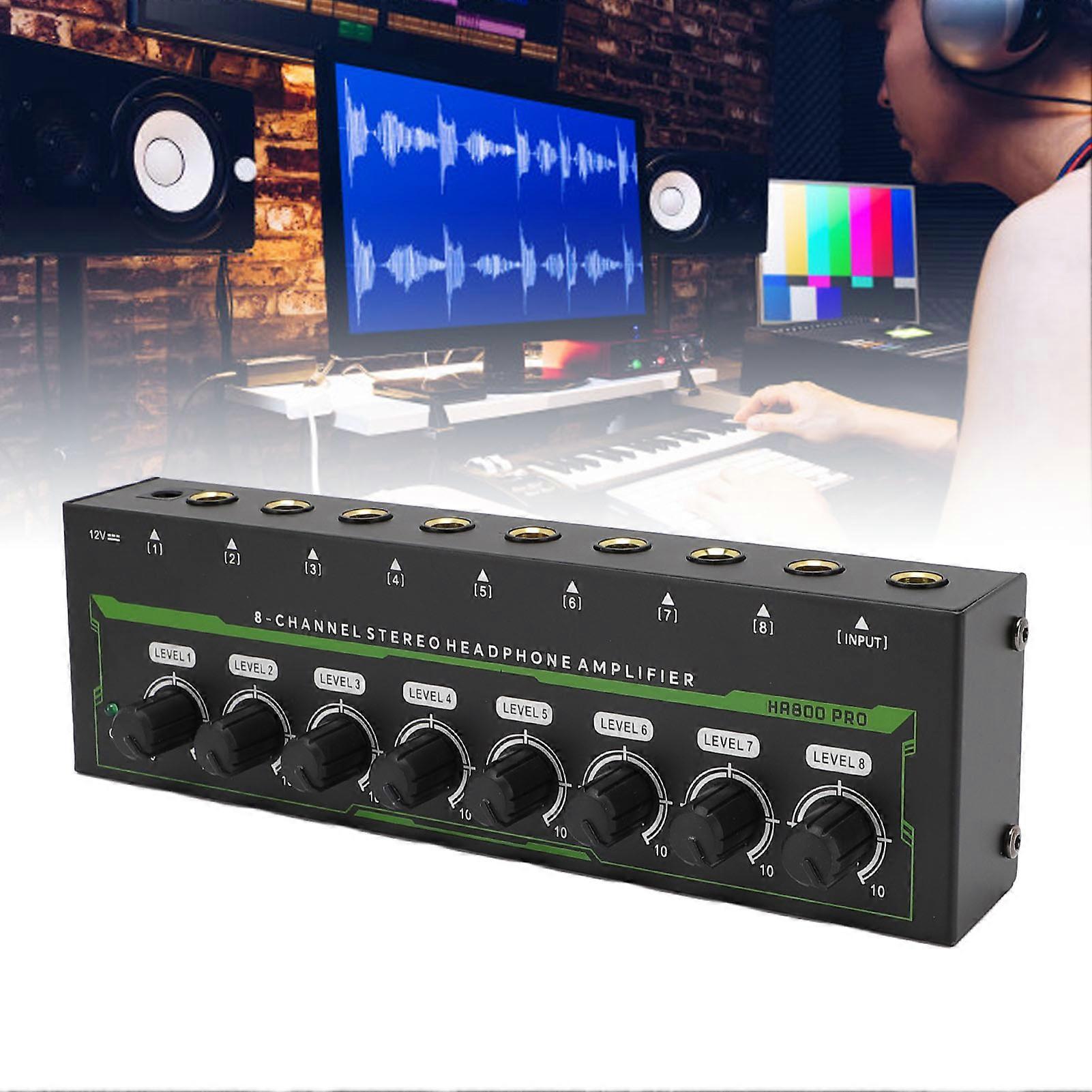 8 Channel Headphone Amplifier with 8 Channel Headphone Amplifier Fine Signal Amplification 6.35mm Volume Control Stereo Headphone Splitter EU Plug 