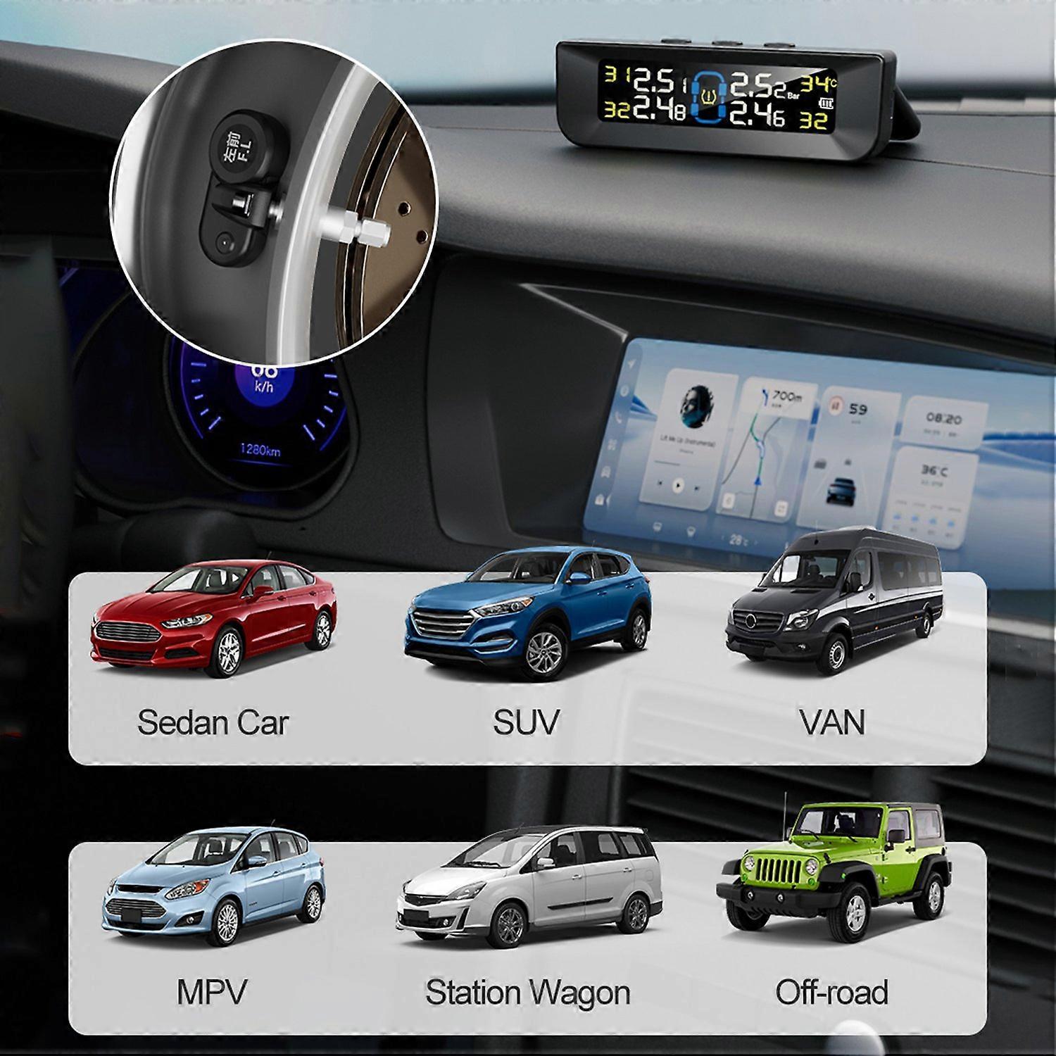 Tire Pressure Monitoring System, Wireless Solar Tire Pressure Monitor System with LCD Display, 6 Ala