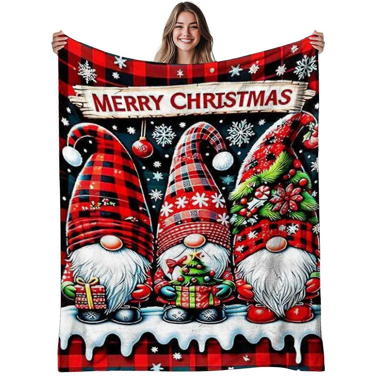 1pc Cozy Christmas Gnomes Flannel Blanket - Soft Warm Plaid Snowflake Tree with Gnome Print, 280GSM Bedspread for Couch,-mnbvc122