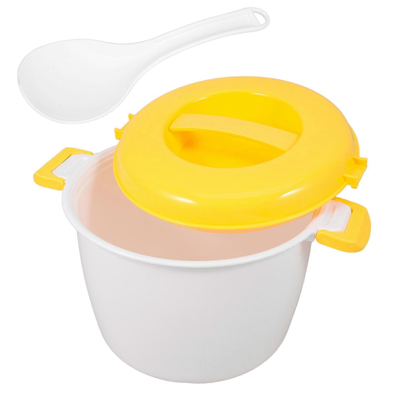 Microwavable Rice Cooker with Spoon Home Use for Cooking Reheating Meals Insulated Pp Material Yellow Design 1Set