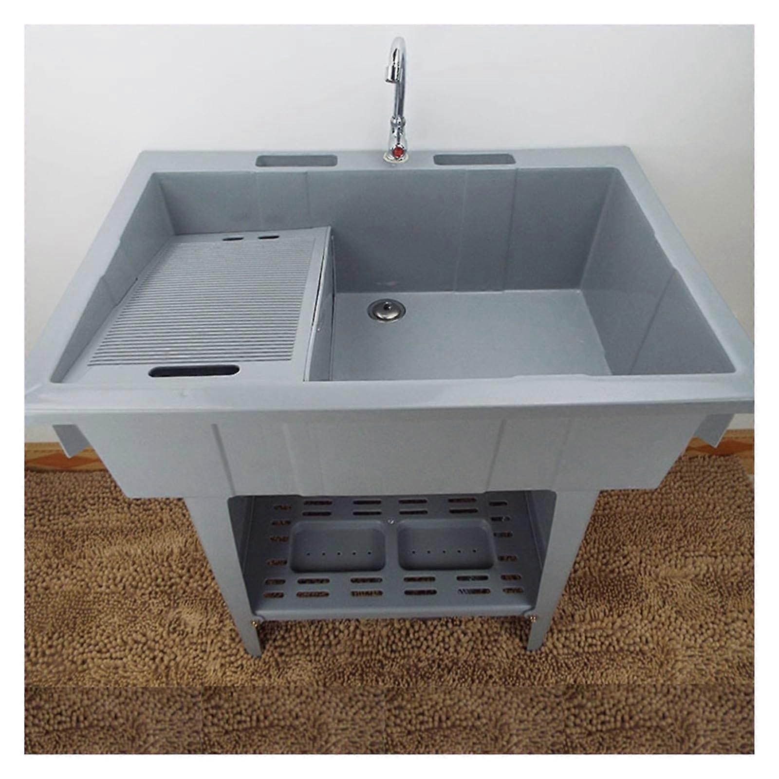 Laundry Sink with Faucet and Storage Shelf, Freestanding Utility Wash Station with Removable Washboard, Gray 80x56x81cm