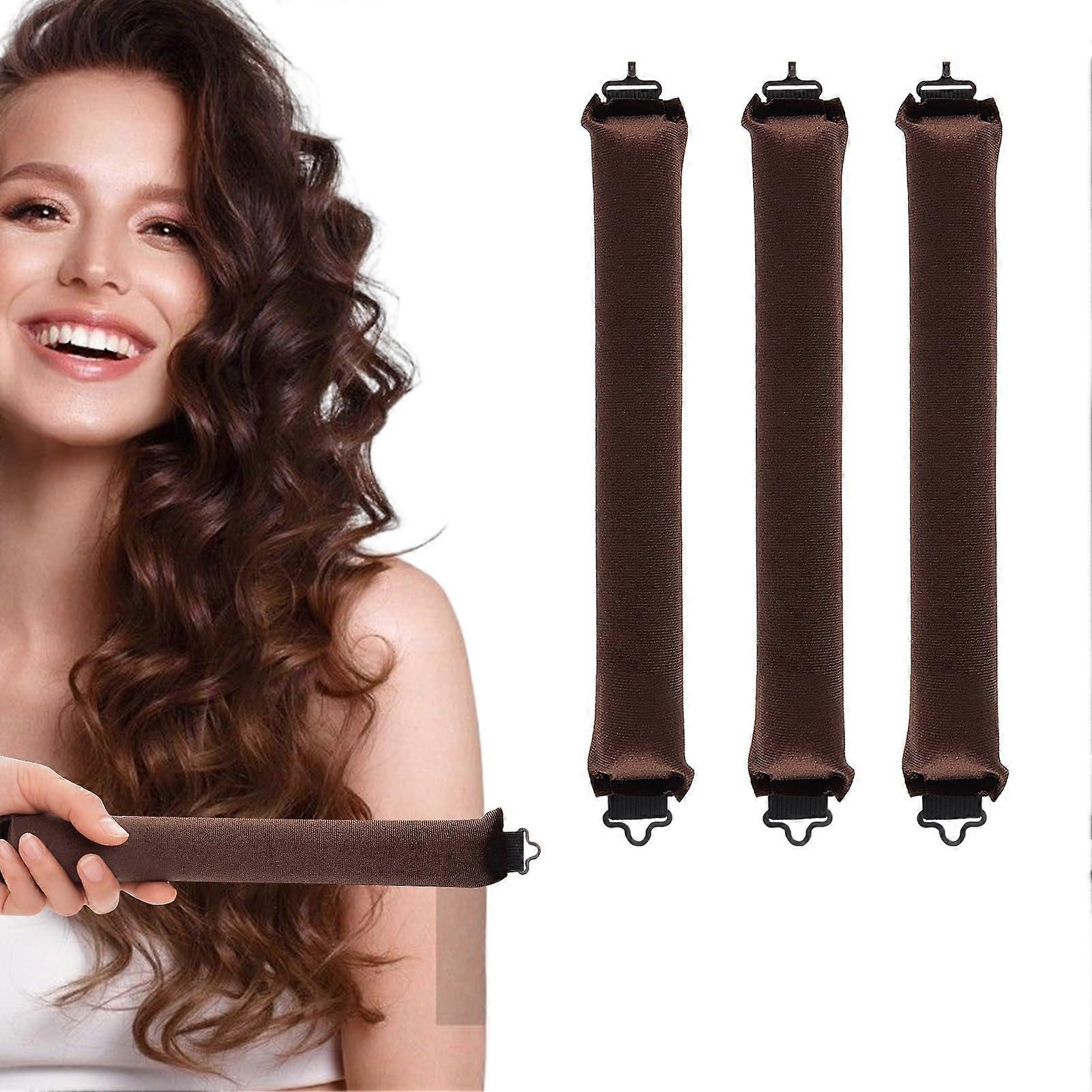 Pack of 3 Heatless Curlers Headband with Hooks for Overnight Styling and Heat Curls Brown
