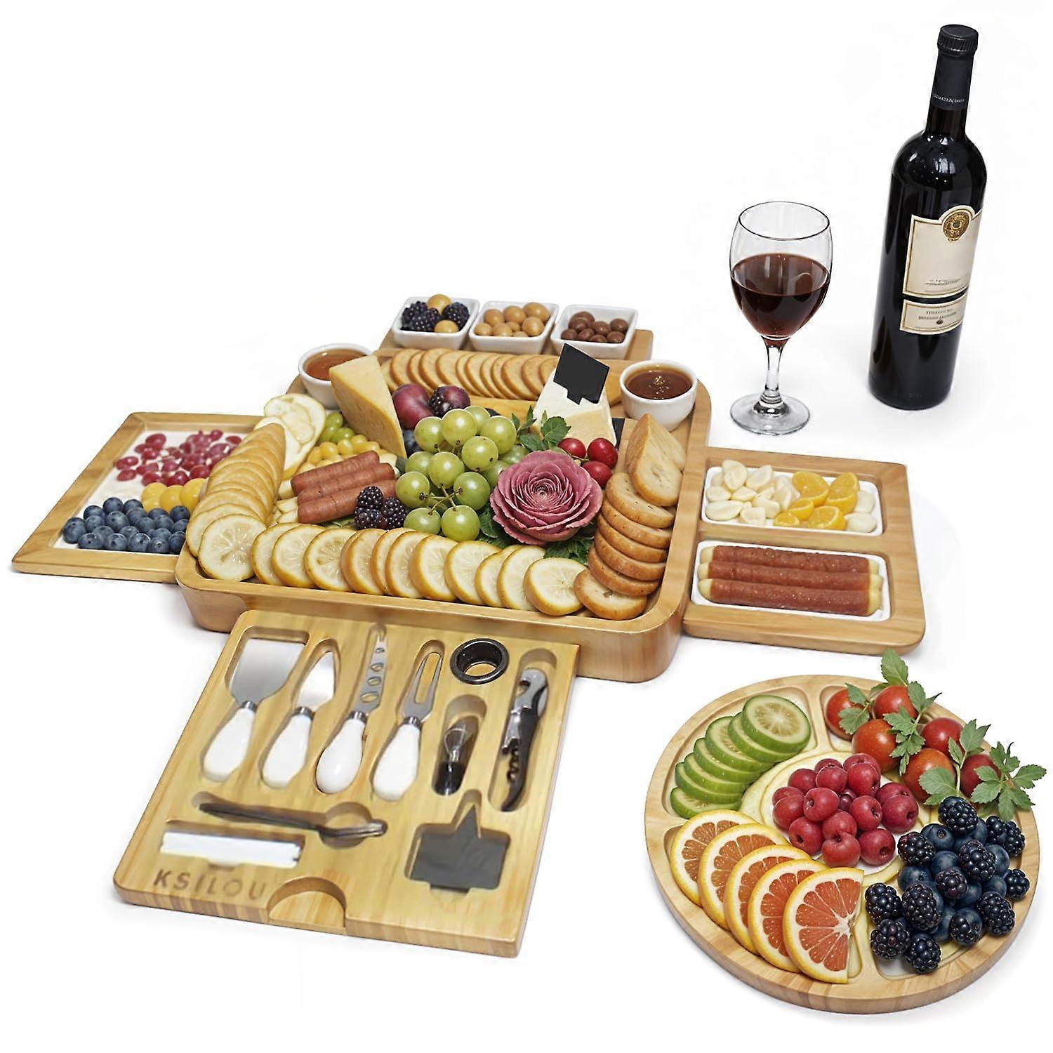Large Bamboo Cheese Board Set with Knives, Bowls and Plates for Charcuterie and Wine Parties