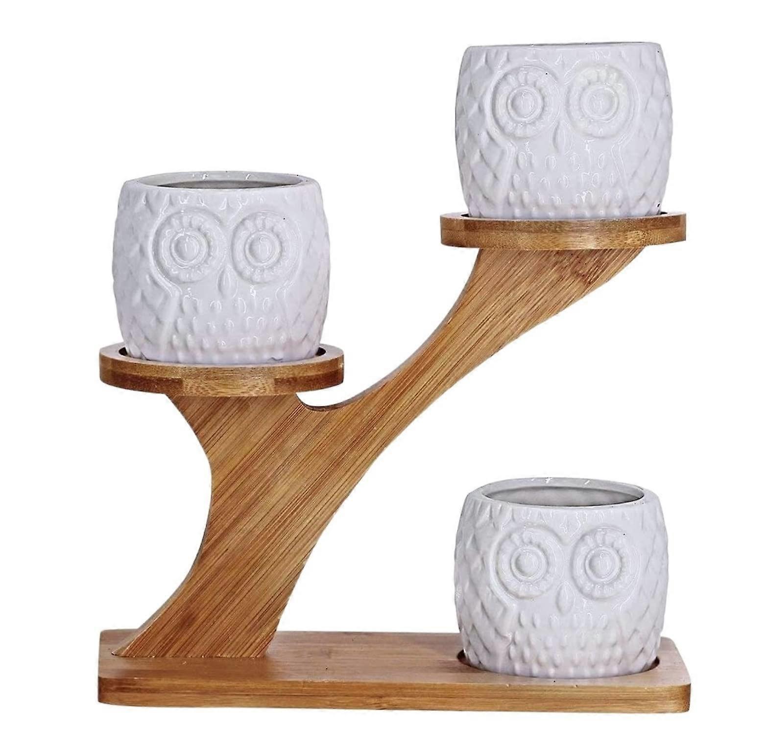 Bamboo Plant Stand with Owl Pattern Ceramic Planter Set for Indoor Succulents, SpaceSaving Design