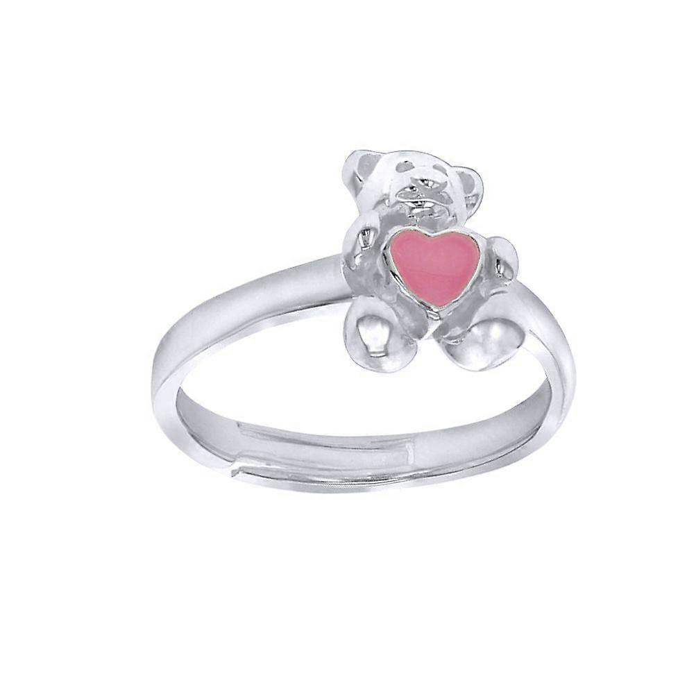 Jewelco London Solid Sterling Silver Baby Pink Enamel Love Heart Teddy Bear Expanding Ring, Sizes H-T