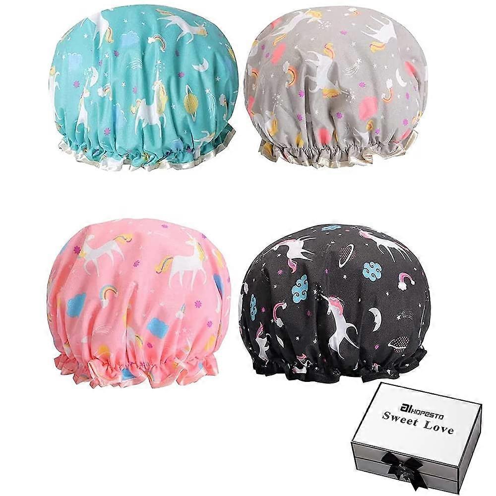 4Pcs Double Layer Waterproof Shower Cap for Women with Adjustable Elastic Satin Lining